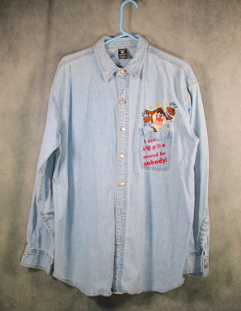 Vintage 1996 Warner Bros Studio Store Taz Denim Shirt Looney Tunes Mens Large